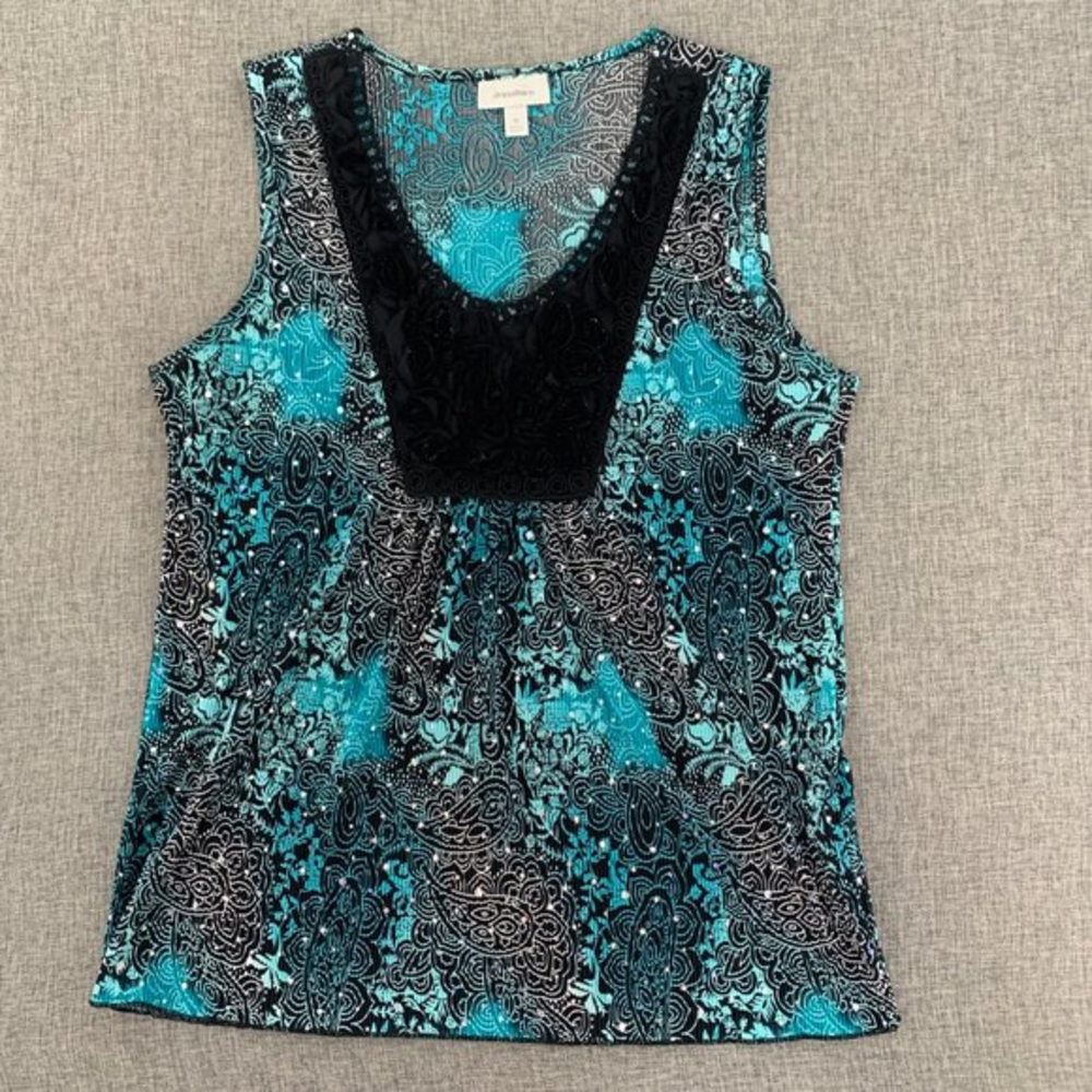 Dressbarn Beautiful Elegant Sleeveless Blouse Medium Blue‎ Black 3D Rose Detail